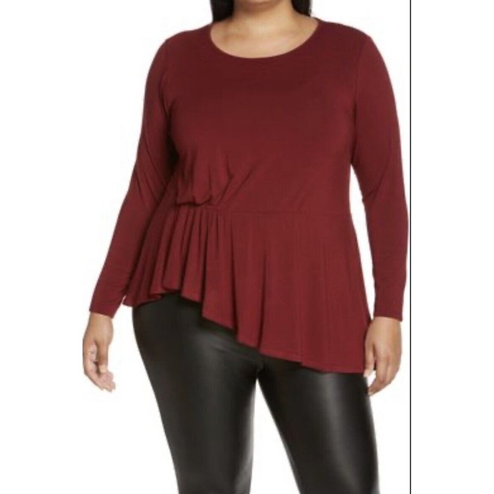 Vince Camuto ASYMMETRIC PEPLUM TOP Color Burgundy Size 1X NWOT